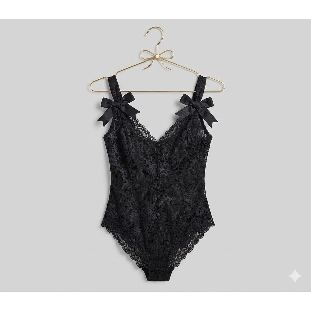 Victoria's Secret Vintage Gold Label Lace Teddy Bodysuit Black Satin Bows Size S